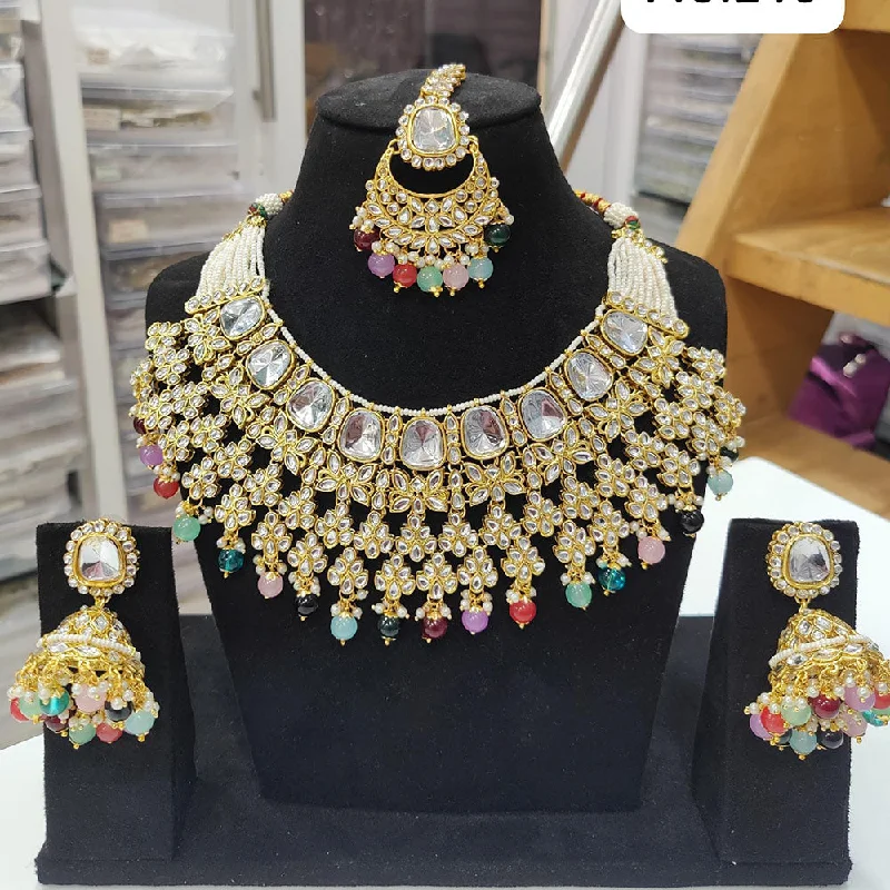 Custom Birthstone Necklace-JCM Gold Plated Kundan Stone Pearls And Beads Necklace Set