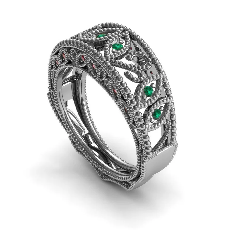 Custom Wedding Band-Unique Engagement Ring 14K White Gold Vintage Art Deco Edwardian Ring Filigree Ring Green Emerald With Ruby - Gianna no. 12