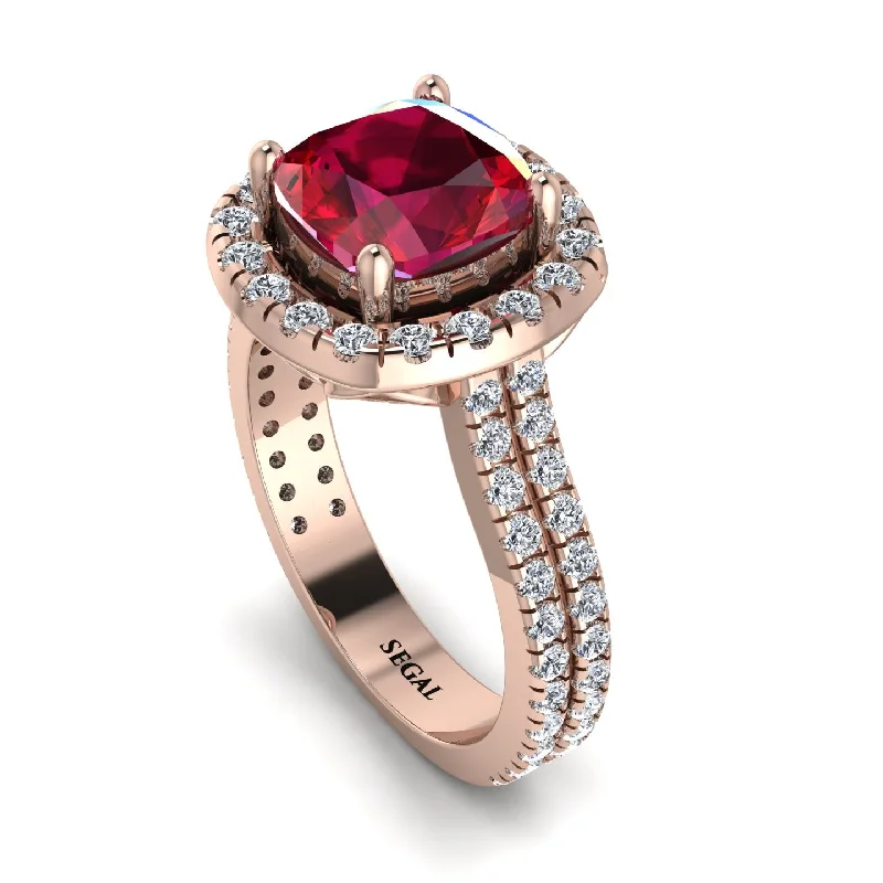 Turquoise Ring-Gorgeous Cushion Cut Ruby Pave Double Shank Engagement Ring With Hidden Stone - Kira No. 11