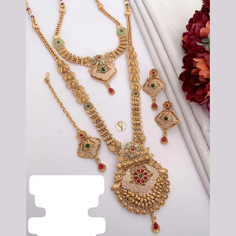 Layered Pendant Necklace-FS Collection Gold Plated Pota Stone And Meenakari Double Necklace Set