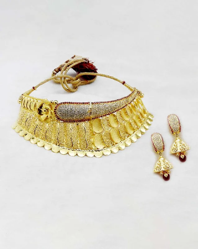 Pearl and Gold Necklace-Bhavi Jewels Forming Gold Plated Copper Necklace Set - 1107833