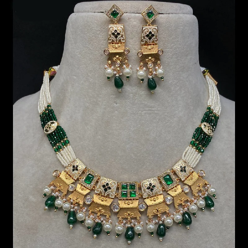 Diamond Solitaire Necklace-Amoliya Jewels Gold Plated Polki Kundan Stone And Beads Meenakari Necklace Set