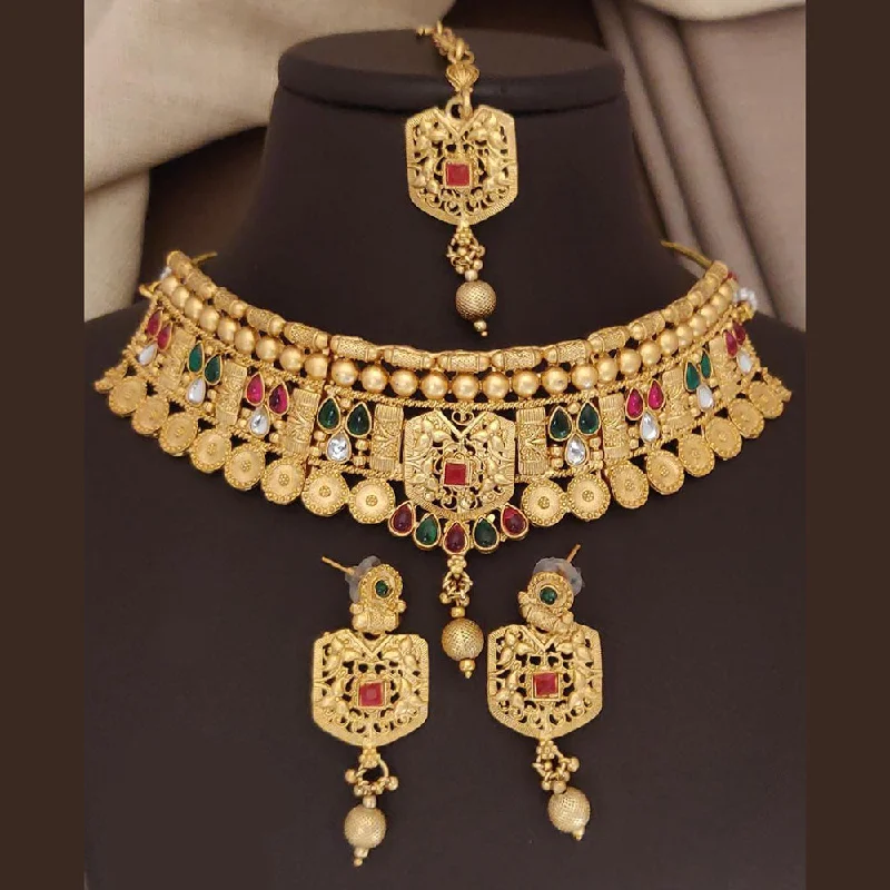 Gemstone Cluster Necklace-FS Collection Gold Plated Pota Choker Necklace Set