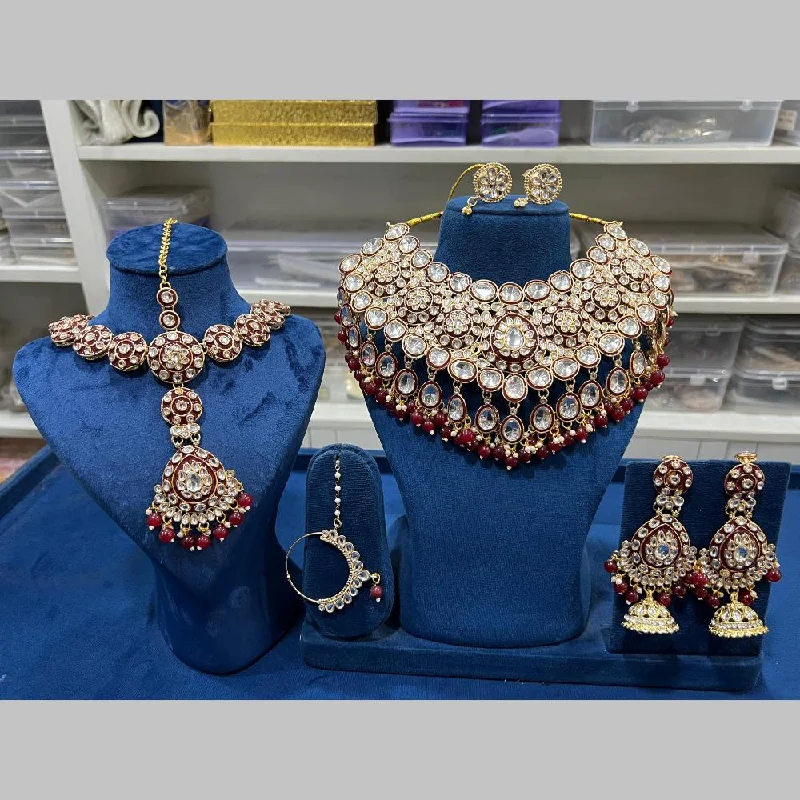 Gold Bead Necklace-Hira Collections Gold Plated Kundan Stone And Meenakari Semi Bridal Set