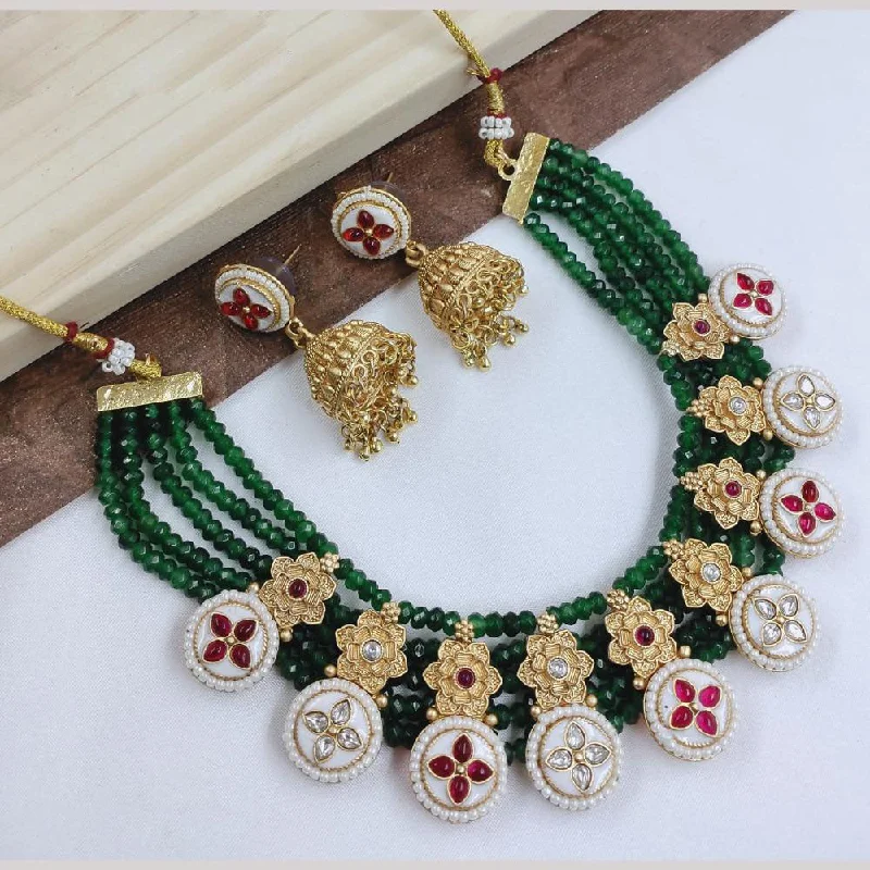 Colorful Gemstone Pendant Necklace-FS Collection Gold Plated Kundan Stone And Pearls Necklace Set