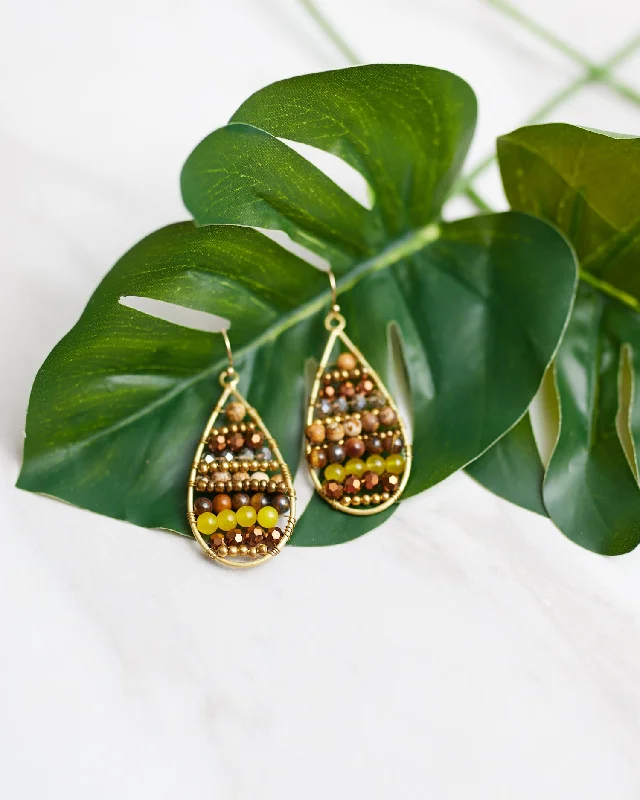 Simple Gold Hoop Earrings-Amber Beaded Teardrop Earrings