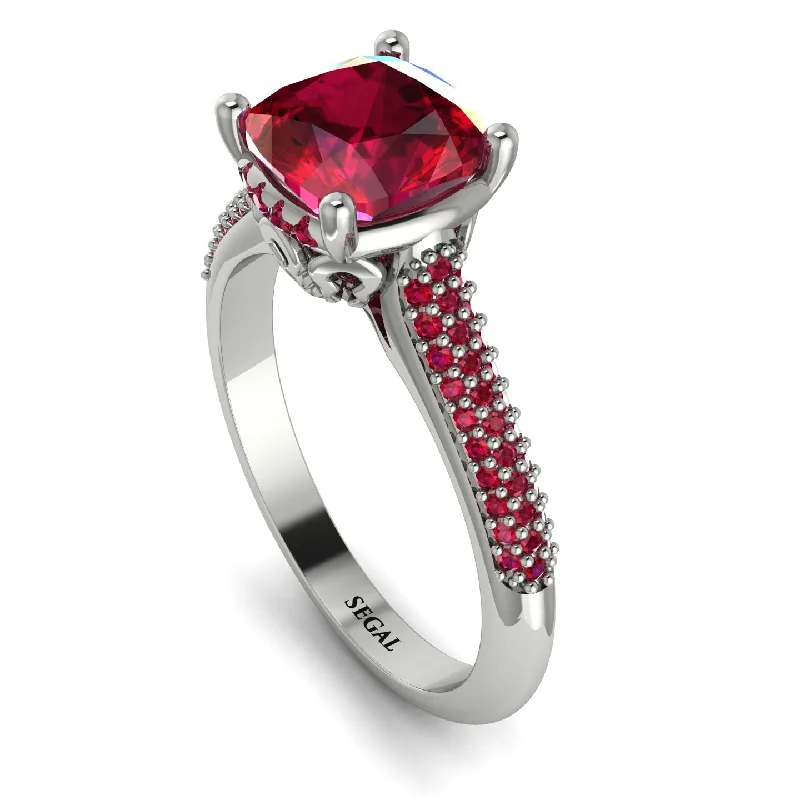 Personalized Silver Engagement Ring-Luxury Pave Cushion Cut Ruby Engagement Ring With Hidden Stone - Esmeralda No. 57