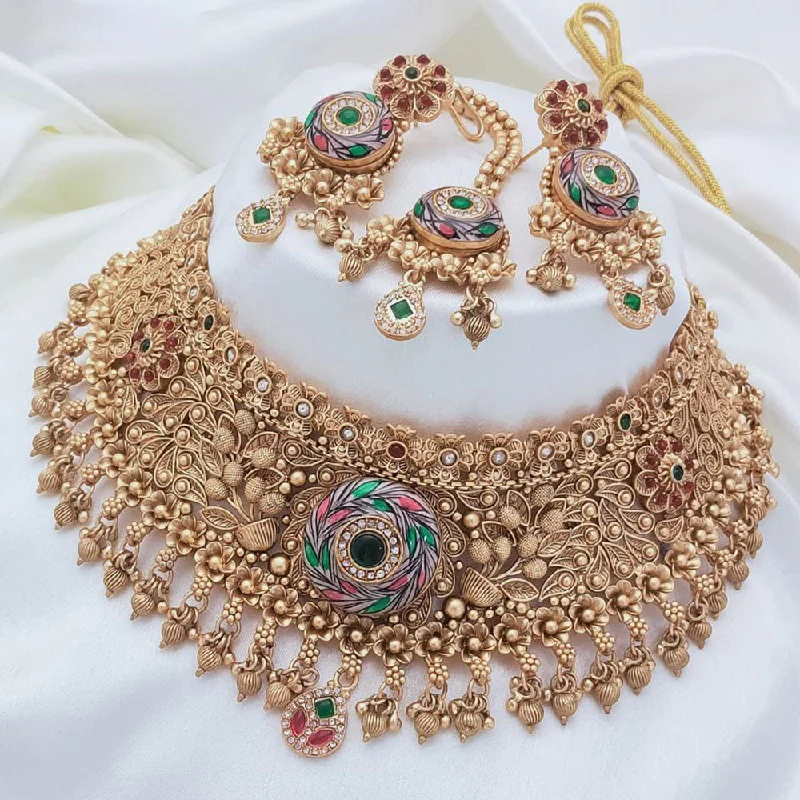 Chunky Gold Necklace-Akruti Collection Gold Plated Pota Stone And Pearls Meenakari Choker Necklace Set