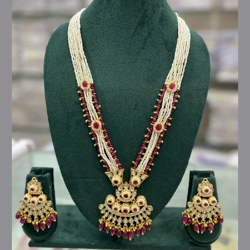 High-End Gold Necklace-Stylofinds Gold Plated Kundan Stone And Beads Long Necklace Set