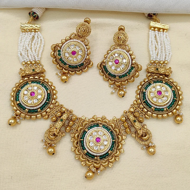 High-End Gold Necklace-Jewel Addiction Copper Rajwadi Finish Pota Stone Necklace Set