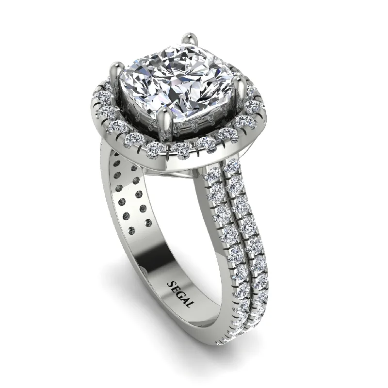 Adjustable Gold Ring-Gorgeous Cushion Cut Diamond Pave Double Shank Engagement Ring With Hidden Stone - Kira No. 3