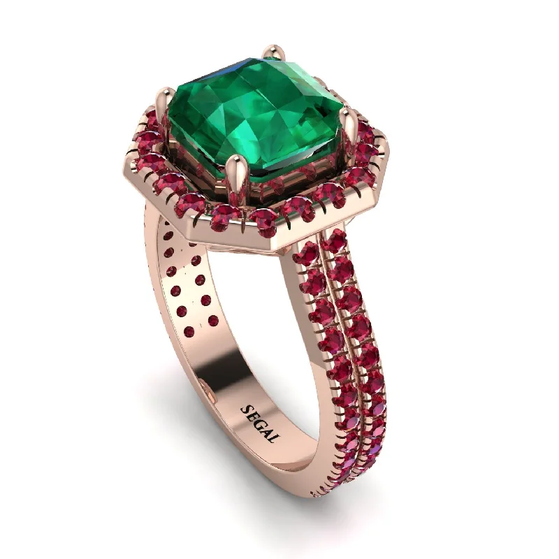 Modern Silver Ring-Gorgeous Radiant Cut Emerald Pave Double Shank Engagement Ring With Hidden Stone - Felicity No. 50