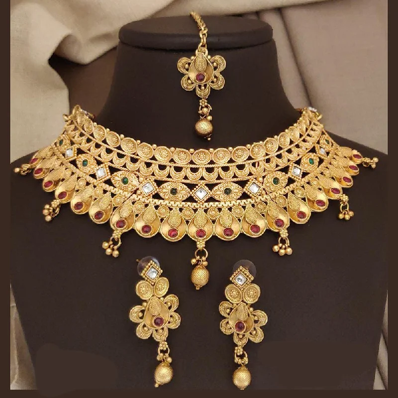 Designer Gold Necklace-FS Collection Gold Plated Pota Choker Necklace Set