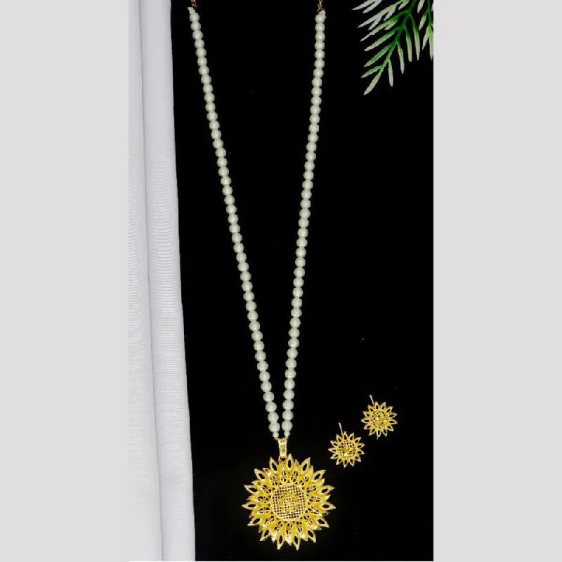 Designer Gold Necklace-Mahavir Gold Plated Pearls Long Necklace Set