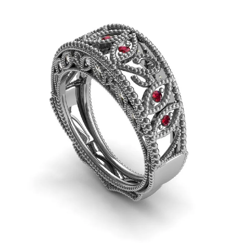 Retro Vintage Ring-Unique Engagement Ring 14K White Gold Vintage Art Deco Edwardian Ring Filigree Ring Ruby With White diamond - Gianna no. 6