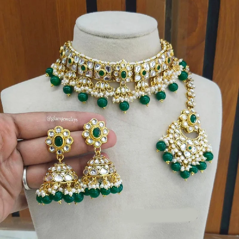 Handcrafted Silver Necklace-Sai Fashion Gold Plated Kundan Stone And Pearls Choker Necklace Set