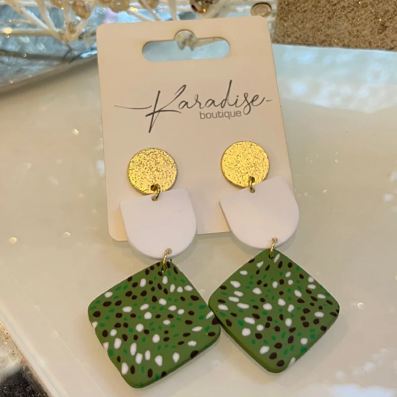 Modern Chain Earrings-Evergreen White, Gold, & Green Dangle Earrings