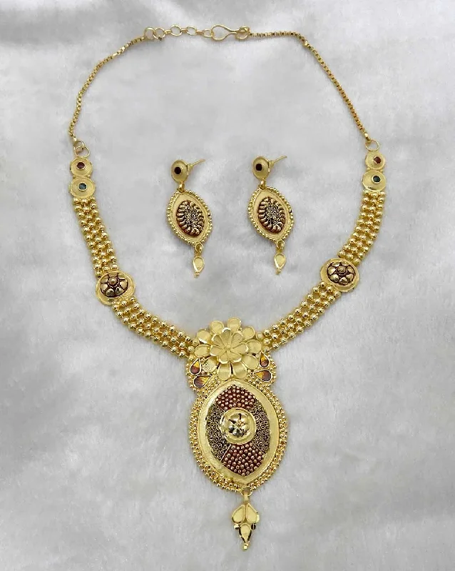 Luxury Diamond Necklace-Bhavi Jewels Forming Gold Plated Copper Necklace Set - 1107869