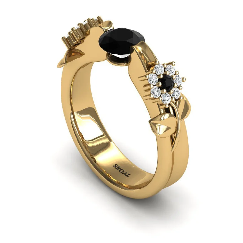 Customizable Name Ring-Engagement ring 14K Yellow Gold Flower And Leafs Antique Ring Black Diamond With White diamond - Piper