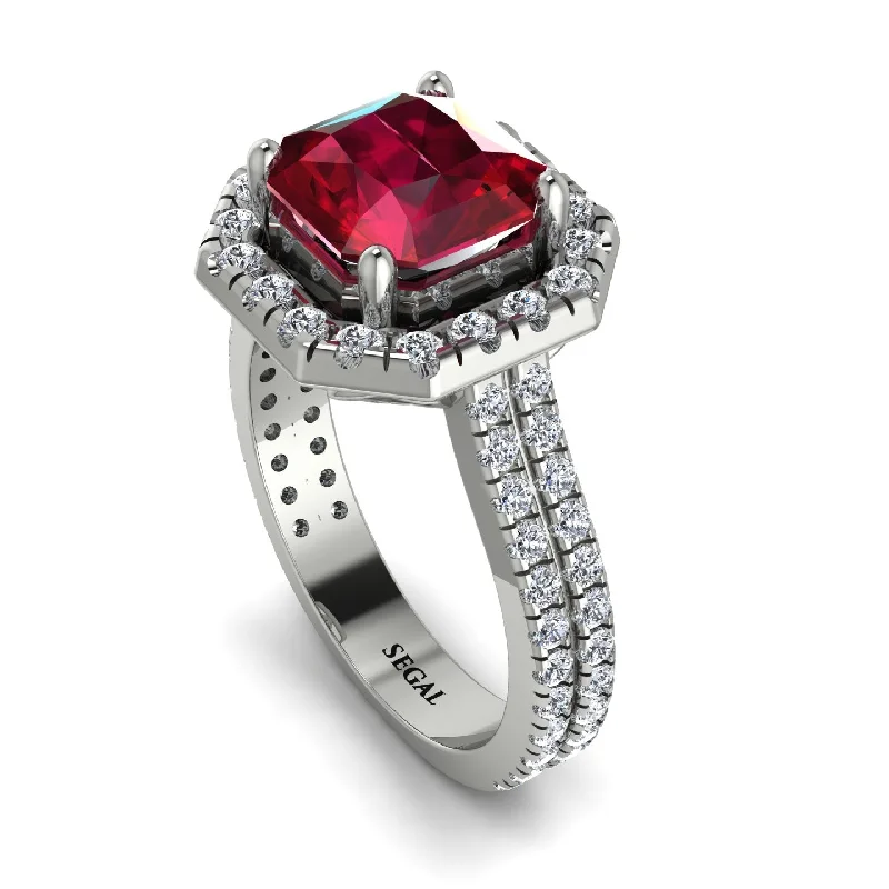 Custom Birthstone Ring-Gorgeous Radiant Cut Ruby Pave Double Shank Engagement Ring With Hidden Stone - Felicity No. 12