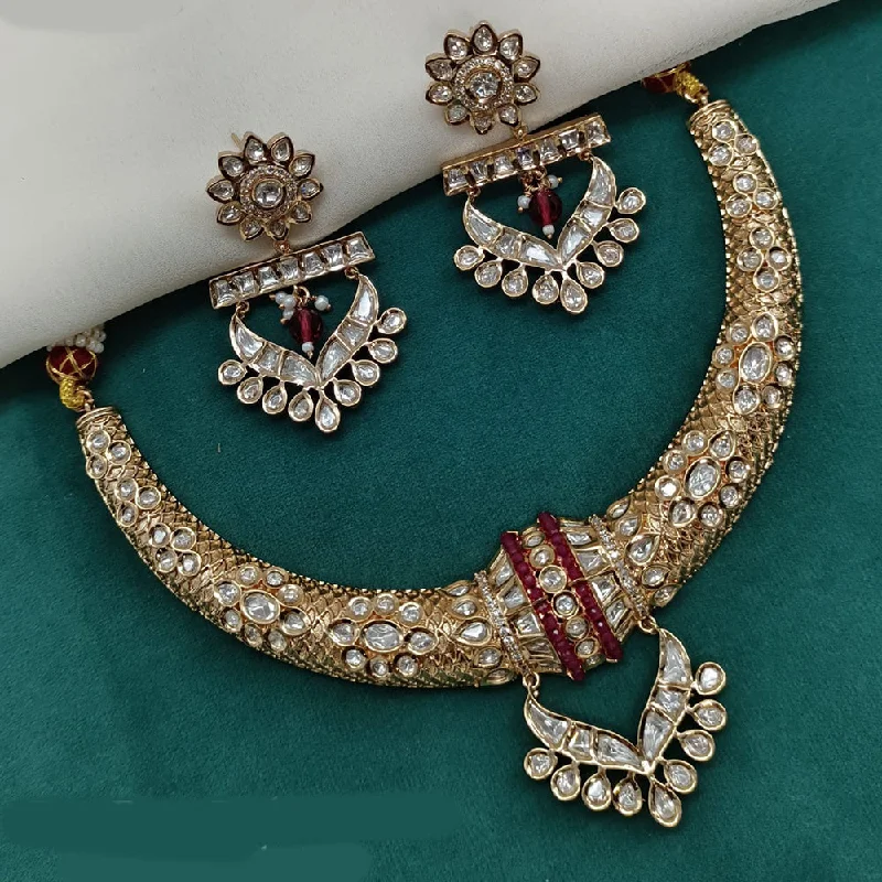 Silver Heart Necklace-Royal Kundan Jewellery Gold Plated Polki Kundan Stone Necklace Set