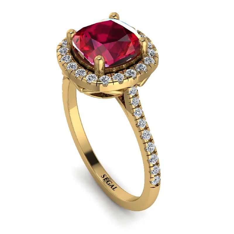 Retro Gemstone Ring-Gorgeous Cushion Cut Ruby Pave Engagement Ring With Hidden Stone - Kira No. 10