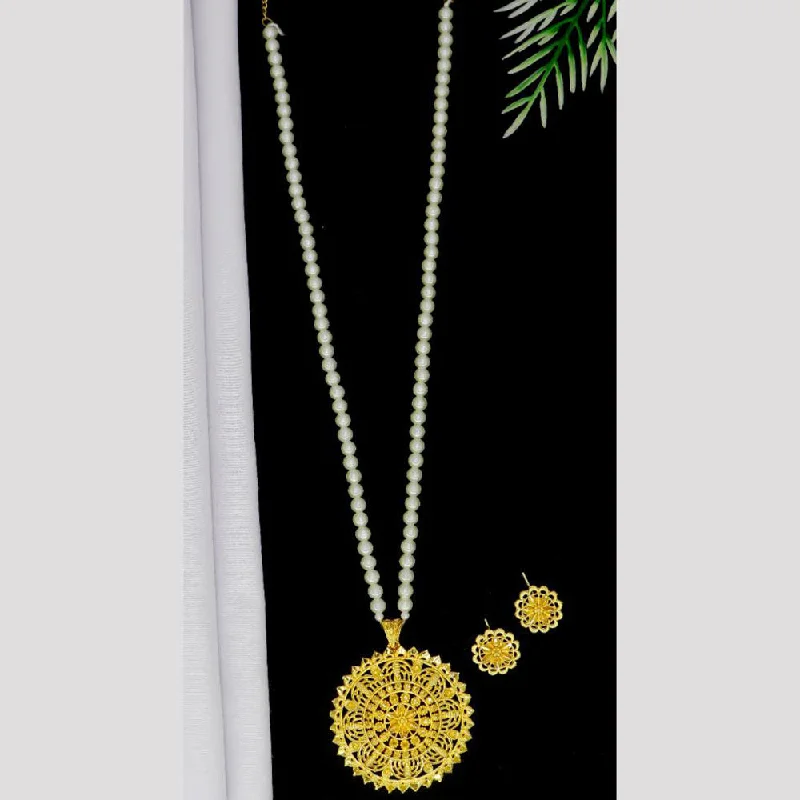 Gold Necklace with Gemstones-Mahavir Gold Plated Pearls Long Necklace Set