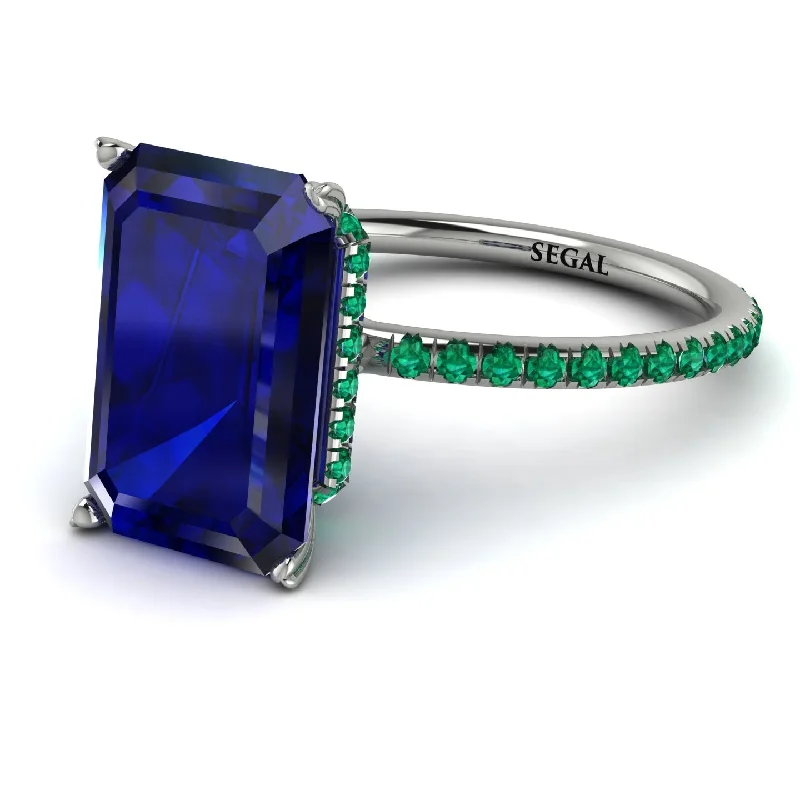 Luxury Gold Ring Set-Hidden Halo Emerald Cut Sapphire Engagement Ring - Melodi No. 30