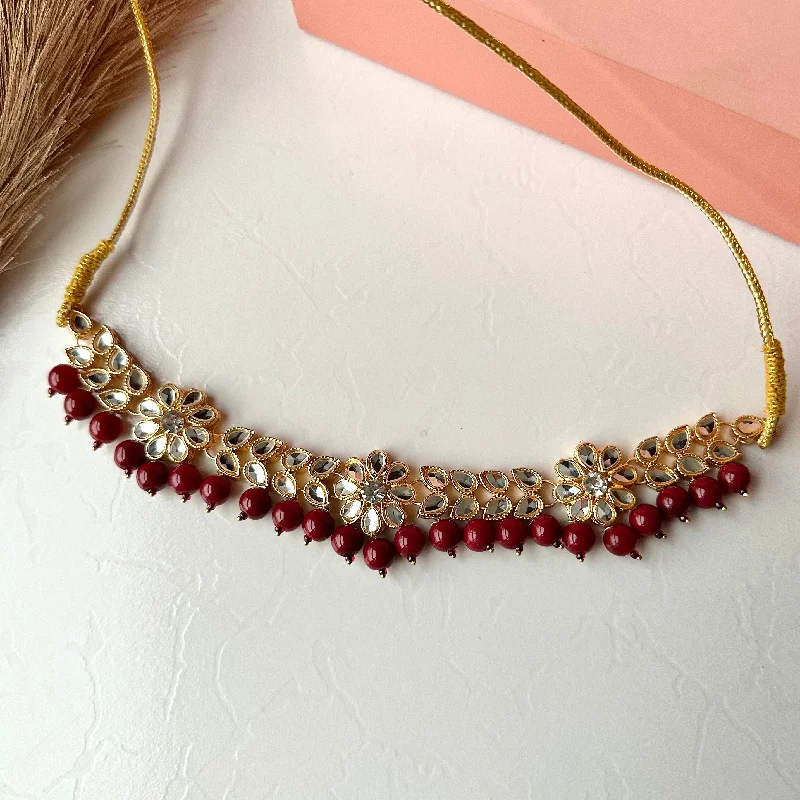 Modern Silver Necklace-Flower Kundan Necklace (Maroon)