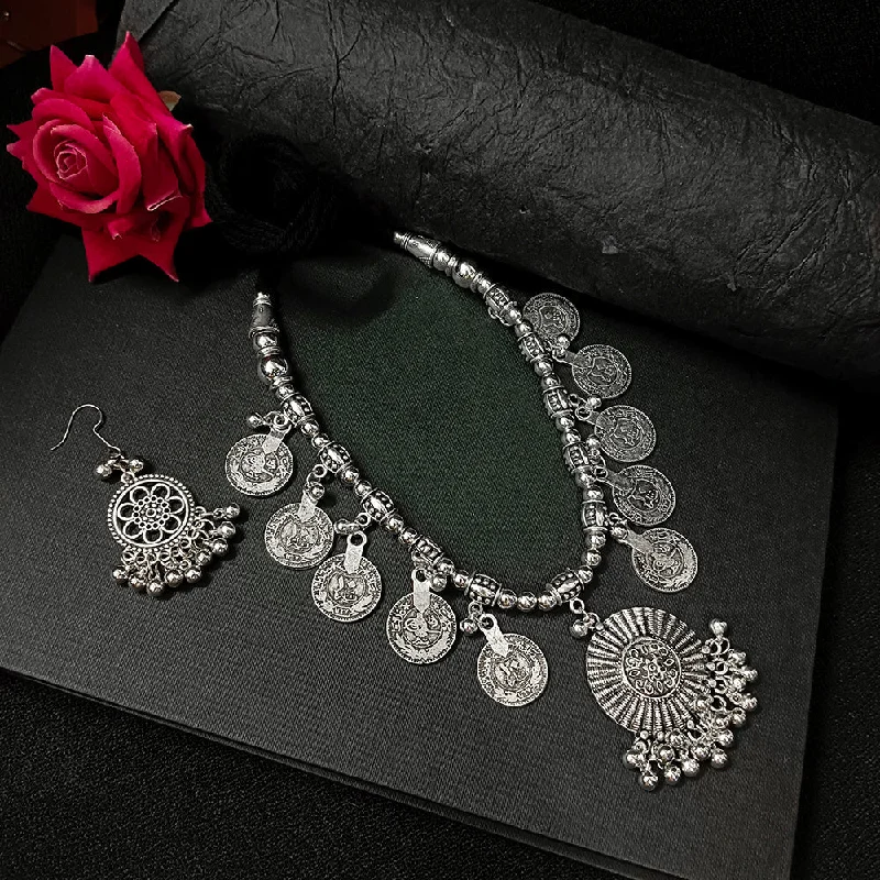 Classic Silver Necklace-Darshana Jewels Oxidised Plated Long Necklace Set