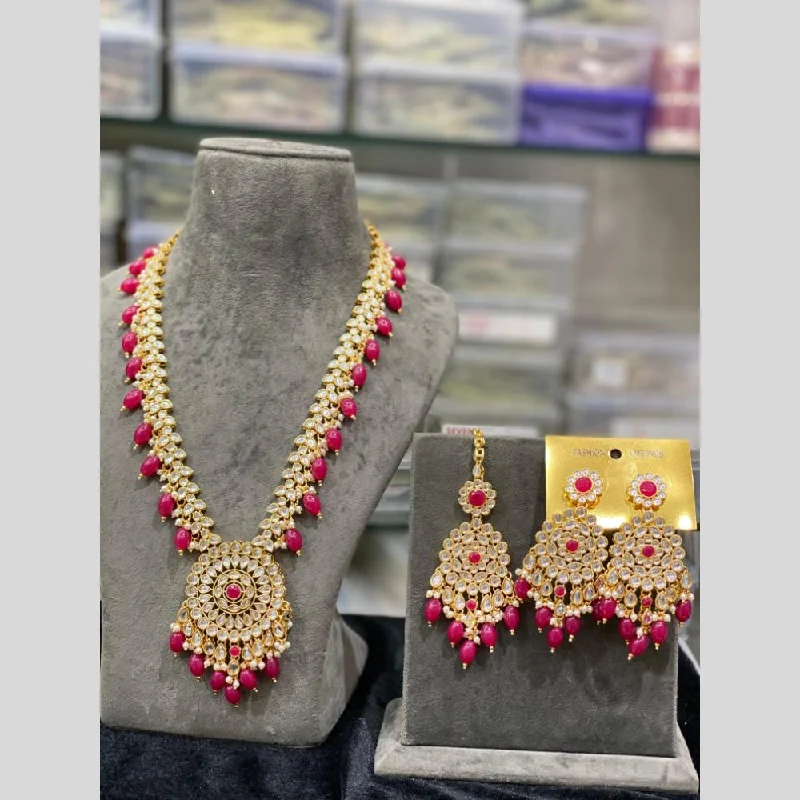 Dainty Chain Necklace-Hira Collections Gold Plated Kundan Stone And Beads Necklace Set