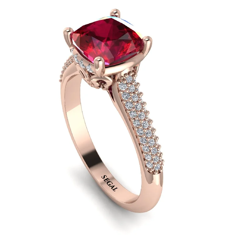 Gorgeous Ruby Ring-Luxury Pave Cushion Cut Ruby Engagement Ring With Hidden Stone - Esmeralda No. 11