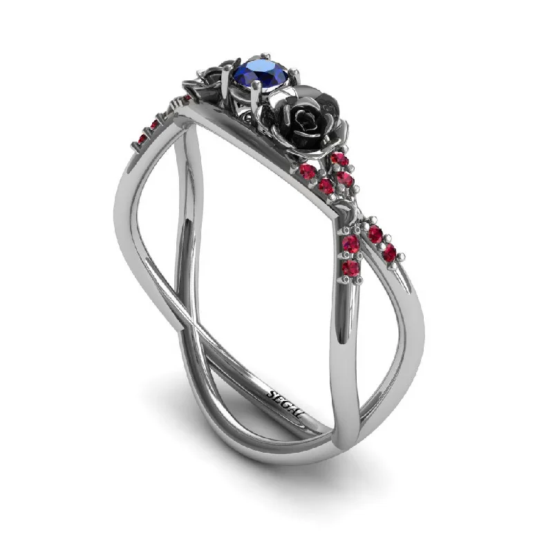 Luxury White Gold Ring-Rose Engagement ring 14K White Gold Thin Elegant Flower Ring Sapphire With Ruby - Stella no. 18