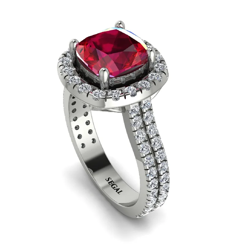 Trendy Silver Ring-Gorgeous Cushion Cut Ruby Pave Double Shank Engagement Ring With Hidden Stone - Kira No. 12