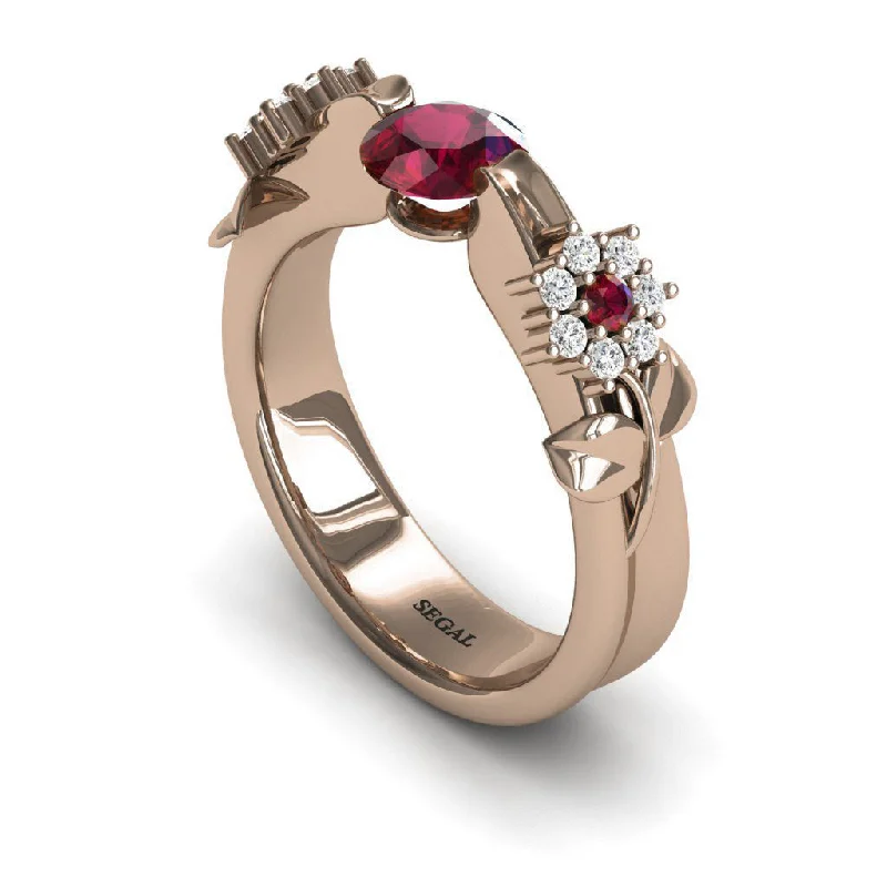 Emerald Green Ring-Engagement ring 14K Rose Gold Flower And Leafs Antique Ring Ruby With White diamond - Piper