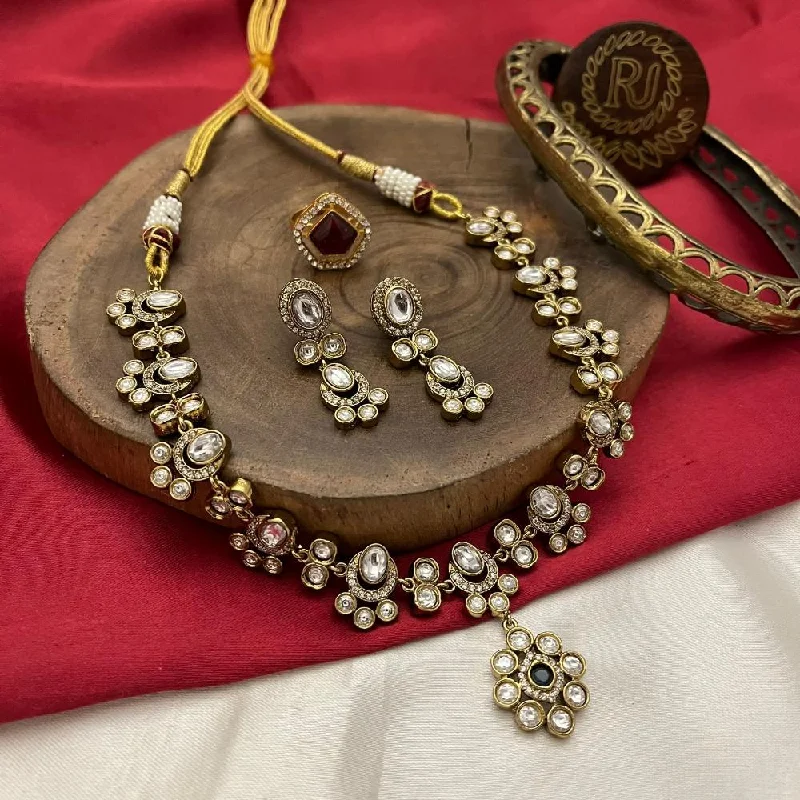 Chunky Silver Necklace-FS Collection Gold Plated Polki Kundan Stone Necklace Set