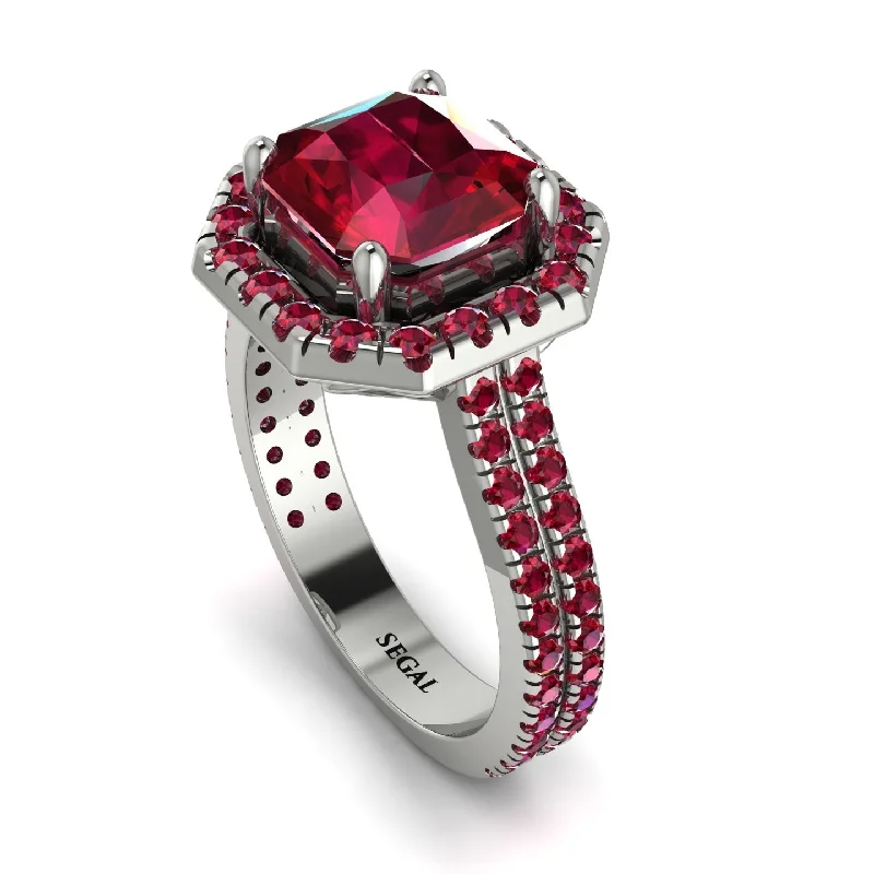 Double Band Ring-Gorgeous Radiant Cut Ruby Pave Double Shank Engagement Ring With Hidden Stone - Felicity No. 57