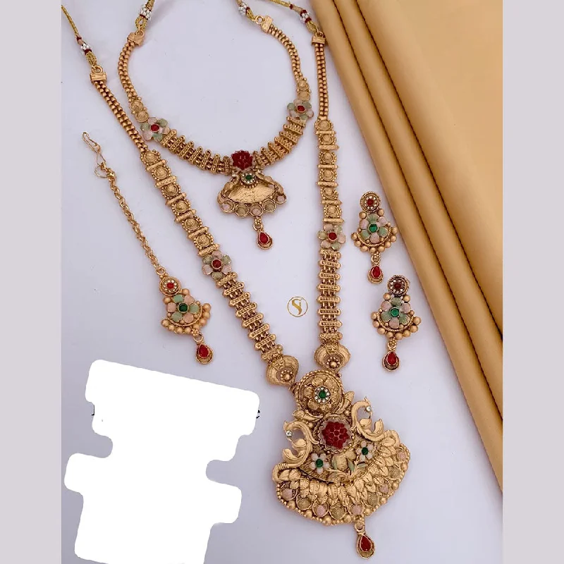 Elegant CZ Necklace-FS Collection Gold Plated Pota Stone And Meenakari Double Necklace Set