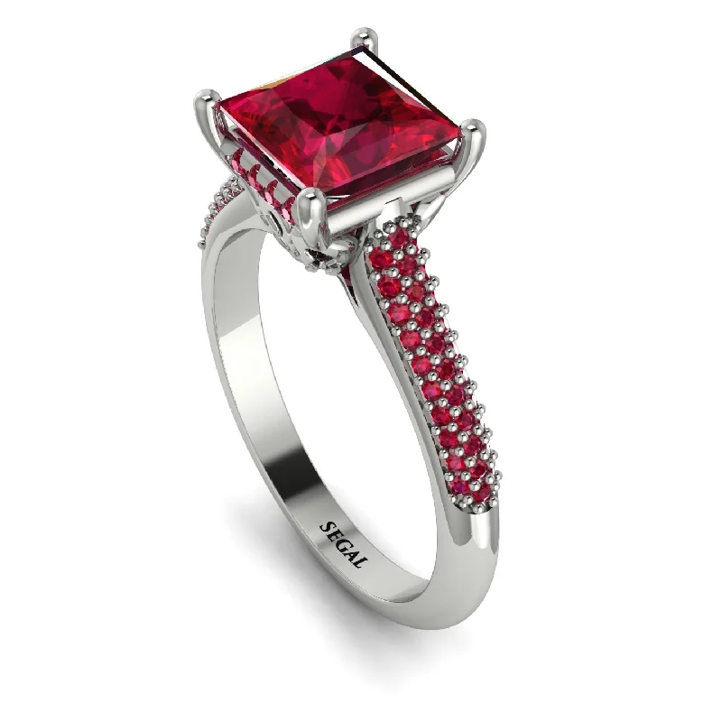 Gold Engagement Ring-Luxury Pave Princess Cut Ruby Engagement Ring With Hidden Stone - Sabrina No. 57