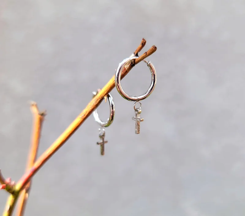 Simple Pearl Earrings-Tiny Cross Hoop Earrings