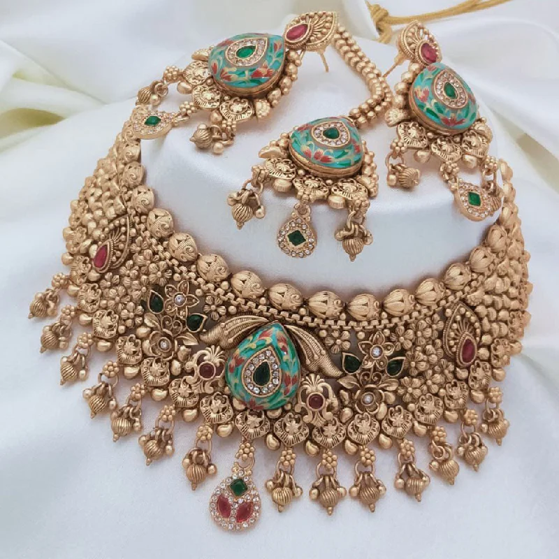 Pearl and Diamond Necklace-Akruti Collection Gold Plated Pota Stone And Pearls Meenakari Choker Necklace Set