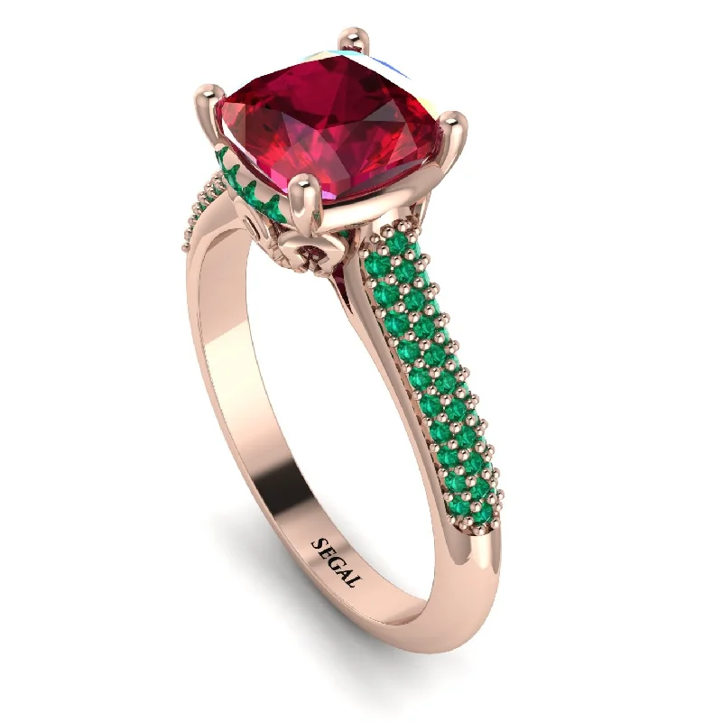 Designer Diamond Ring-Luxury Pave Cushion Cut Ruby Engagement Ring With Hidden Stone - Esmeralda No. 26