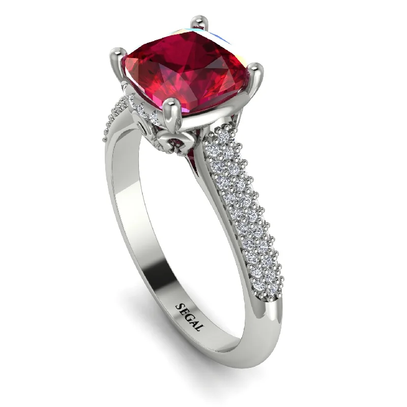 Delicate Silver Ring-Luxury Pave Cushion Cut Ruby Engagement Ring With Hidden Stone - Esmeralda No. 12