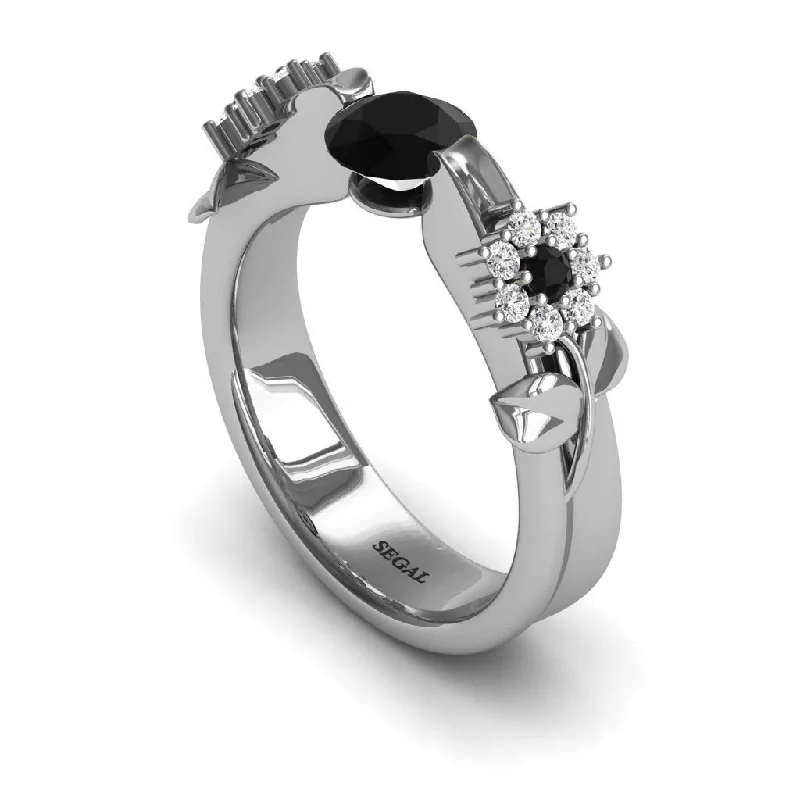 Colored Gemstone Ring-Engagement ring 14K White Gold Flower And Leafs Antique Ring Black Diamond With White diamond - Piper