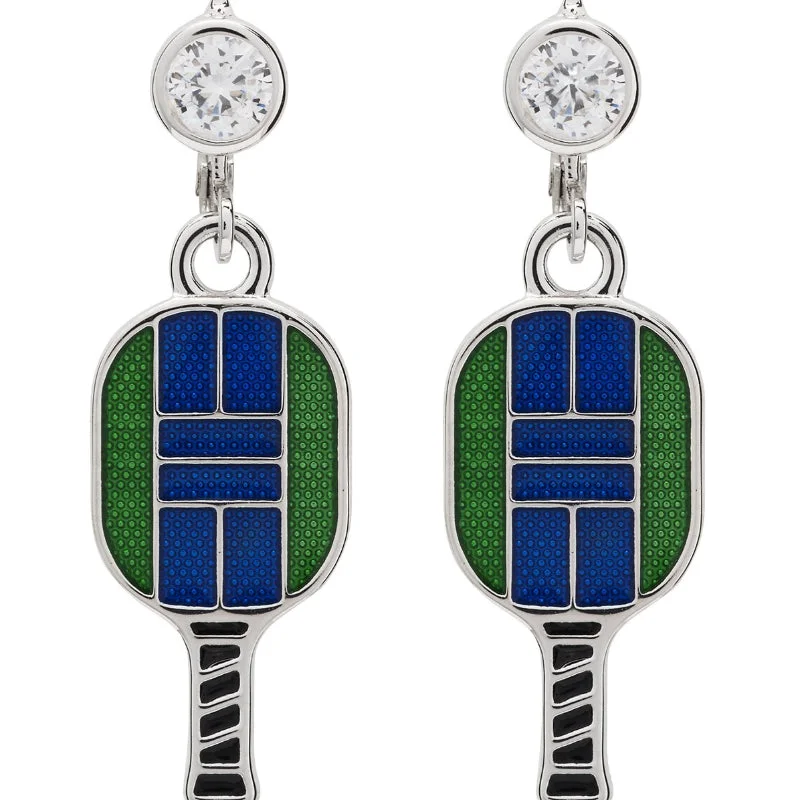 Elegant Crystal Earrings-Enamel Pickle ball Paddle Lever Back Earrings