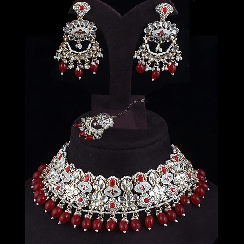 Vintage Inspired Necklace-Rudraksh Art Gold Plated Kundan Stone And Beads Meenakari Choker Necklace Set