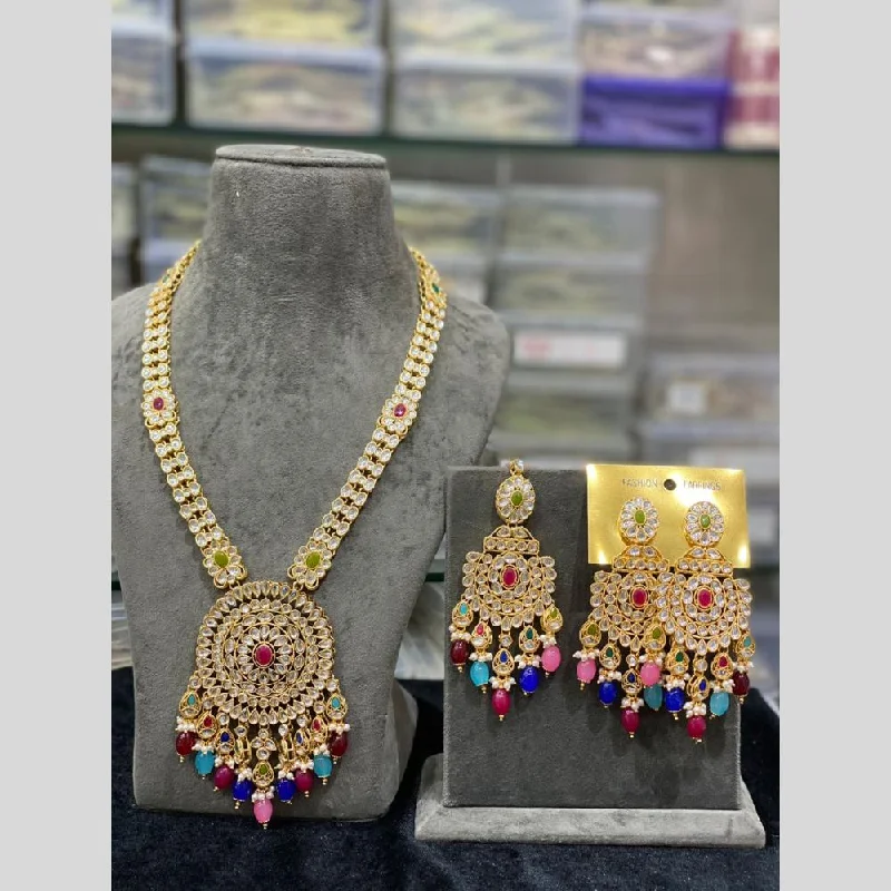 Elegant Gold Leaf Necklace-Hira Collections Gold Plated Kundan Stone And Beads Necklace Set