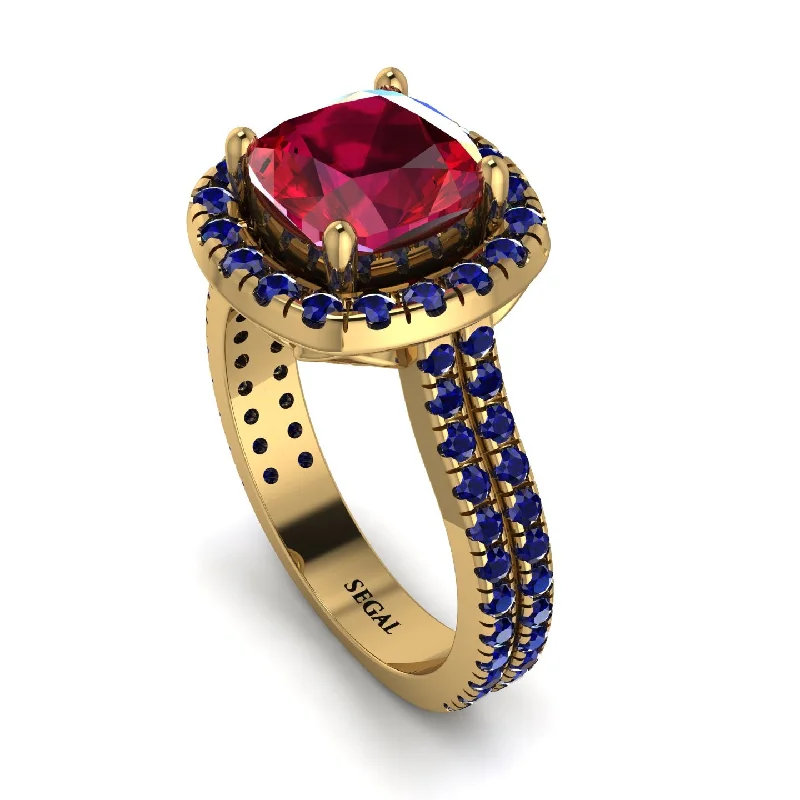 Luxury Engagement Ring-Gorgeous Cushion Cut Ruby Pave Double Shank Engagement Ring With Hidden Stone - Kira No. 70