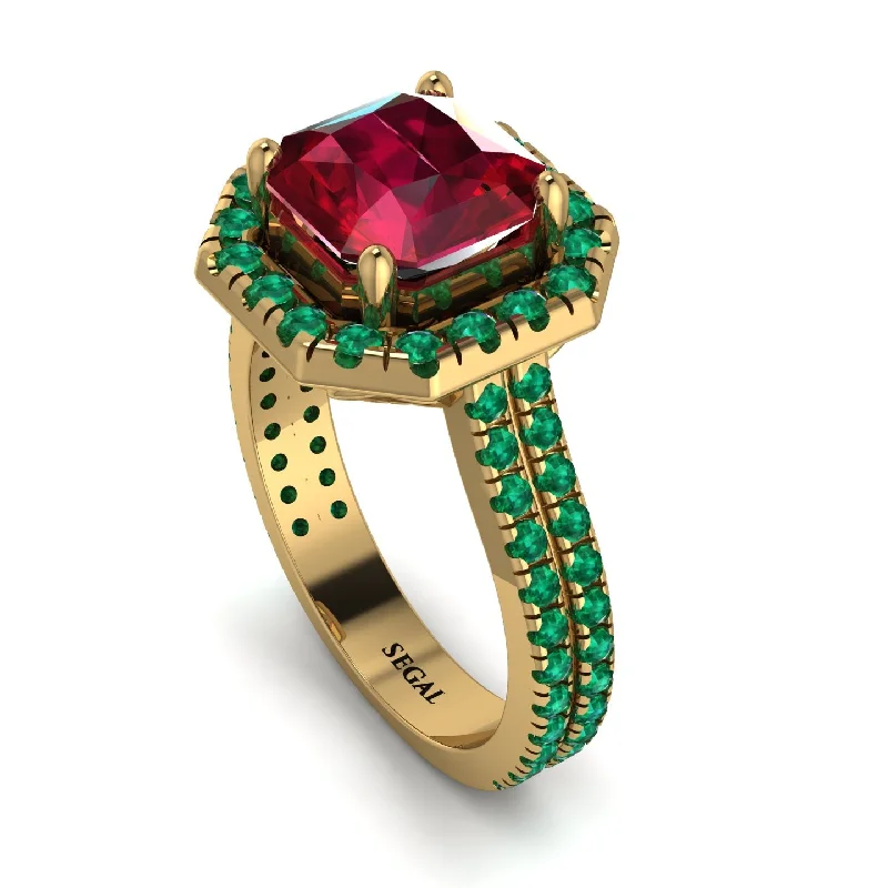 Boho Chic Ring-Gorgeous Radiant Cut Ruby Pave Double Shank Engagement Ring With Hidden Stone - Felicity No. 25