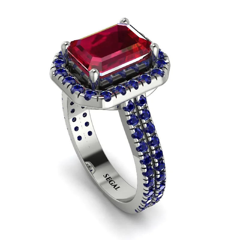 Elegant Cocktail Ring-Gorgeous Emerald Cut Ruby Pave Double Shank Engagement Ring With Hidden Stone - Veronica No. 72